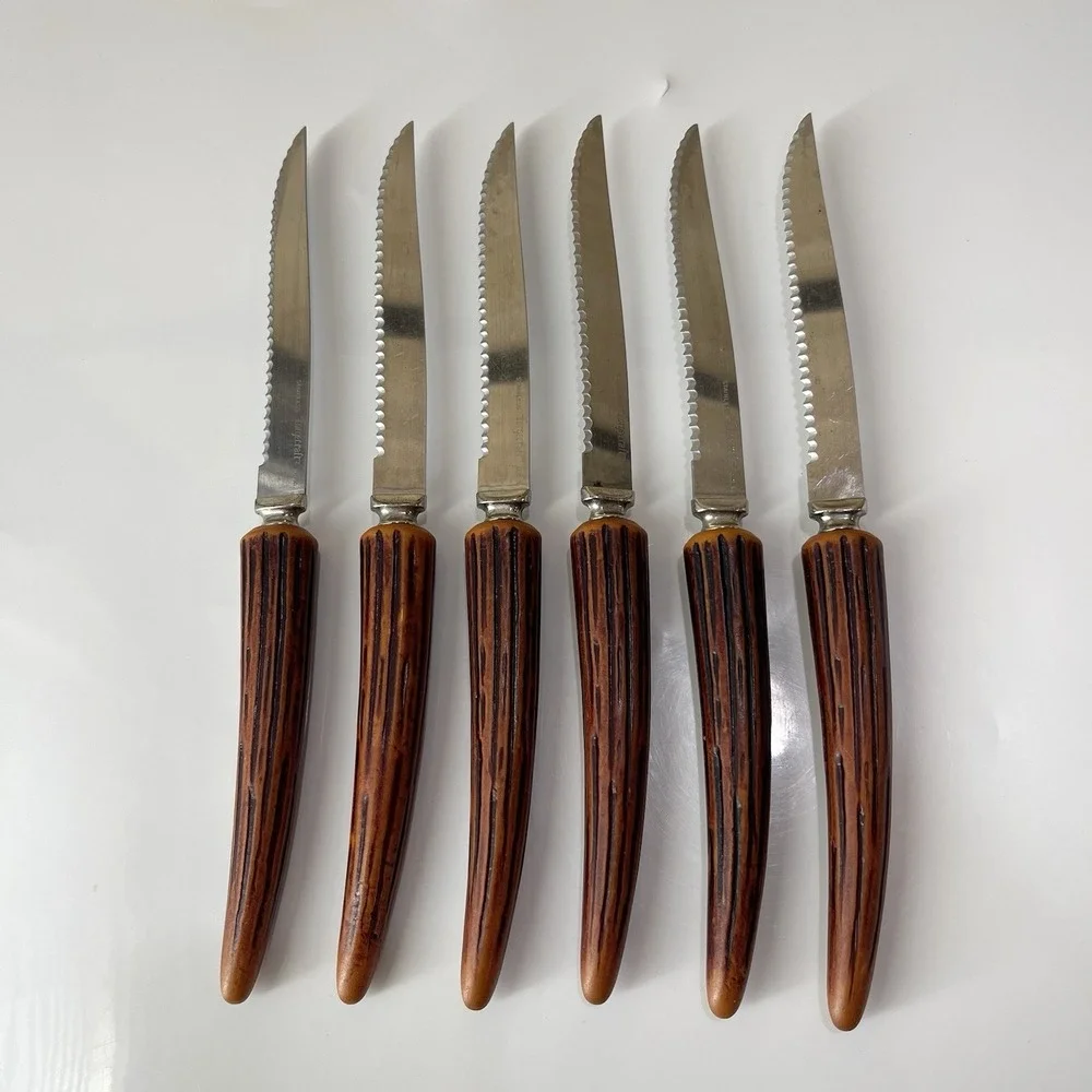 Vintage Stainless Forgecraft USA Steak Knives Set 6 Stag Faux Antler Handle MCM